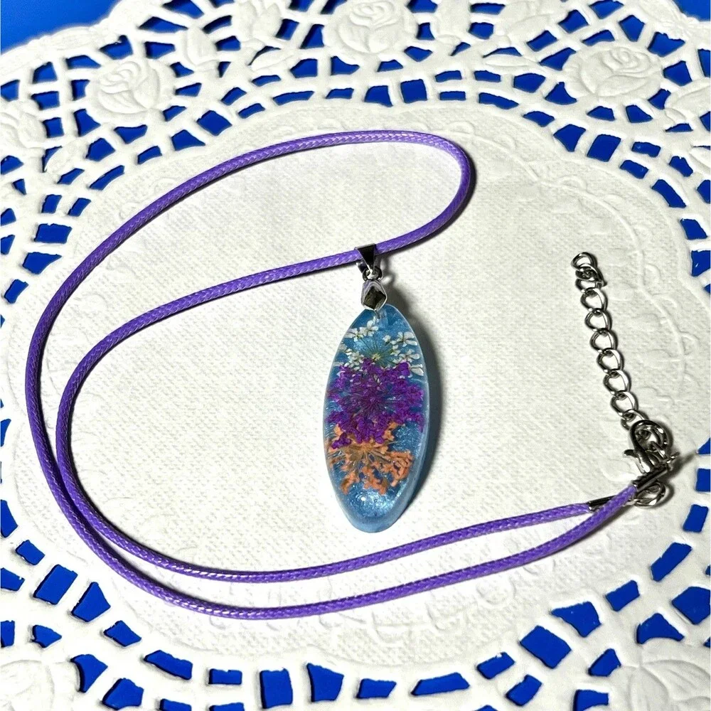 Dried Flowers Pendant Bright Multicolor Lavender Waxed Cord 18